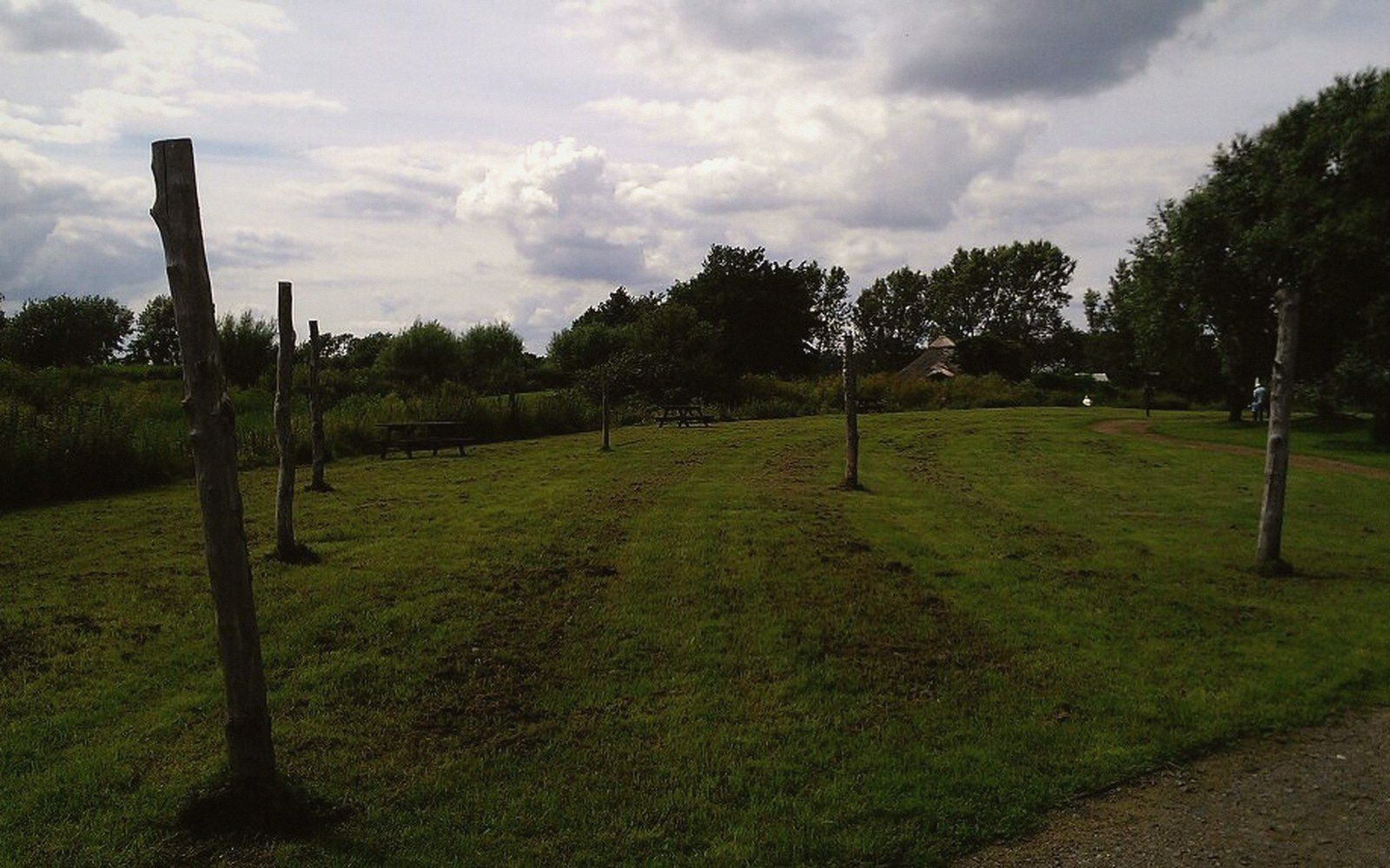 Wooden posts marking a causeway alignment across an open grassy field
