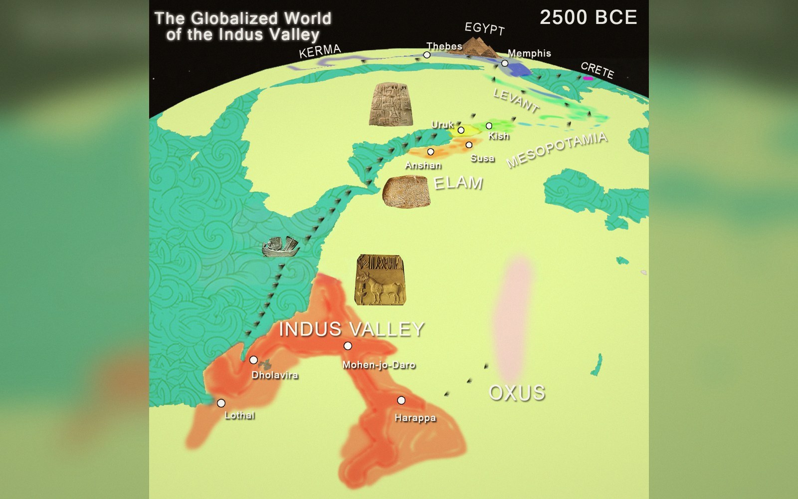 Map showing 2500 BCE trade routes linking the Indus Valley to Mesopotamia, Elam, Egypt and Crete