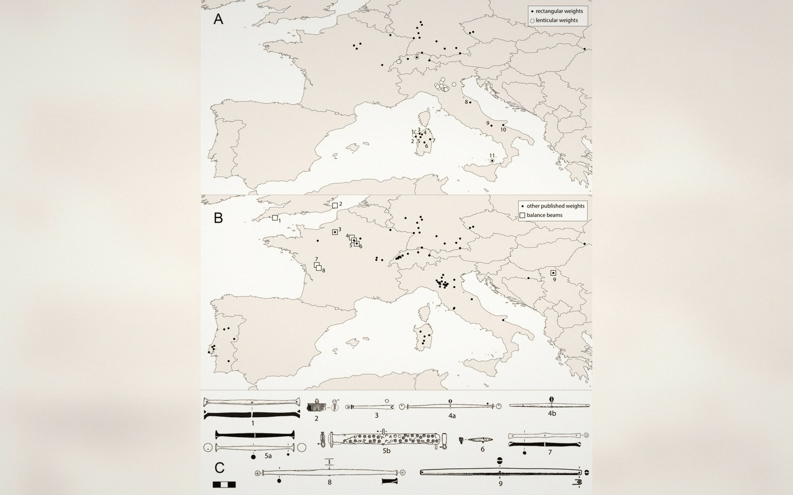 Maps plot rectangular and lenticular weights, balance beams and scale bars across Bronze Age Europe
