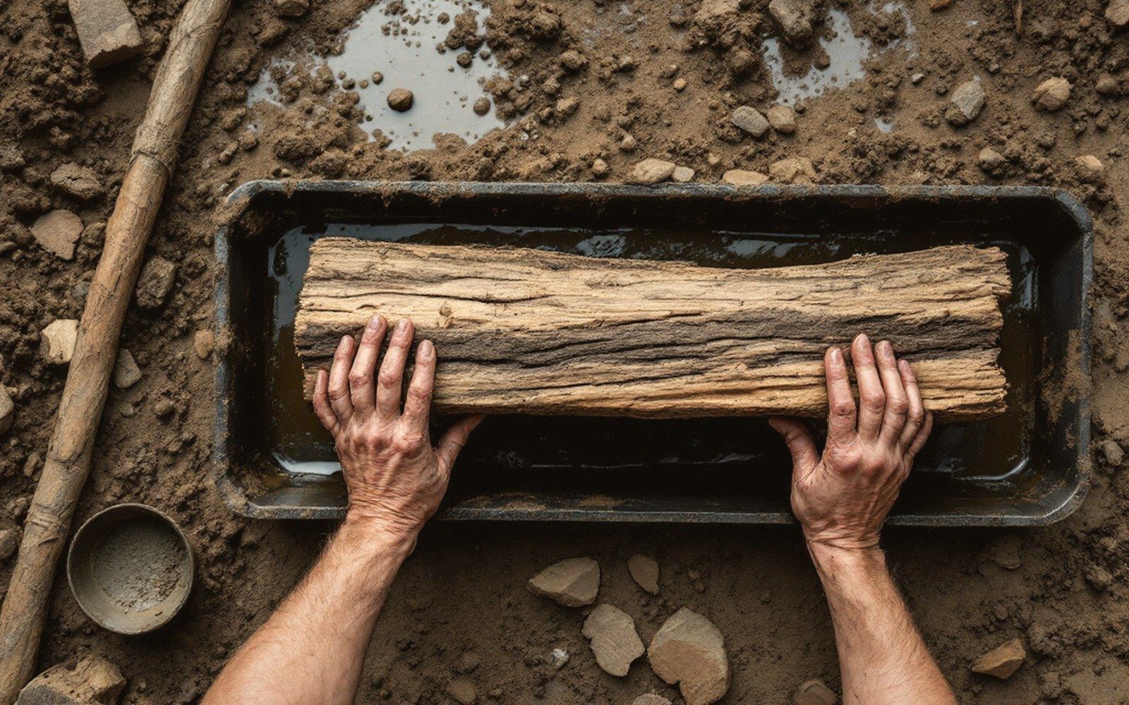 Hands lifting a waterlogged timber onto a wet-storage tray