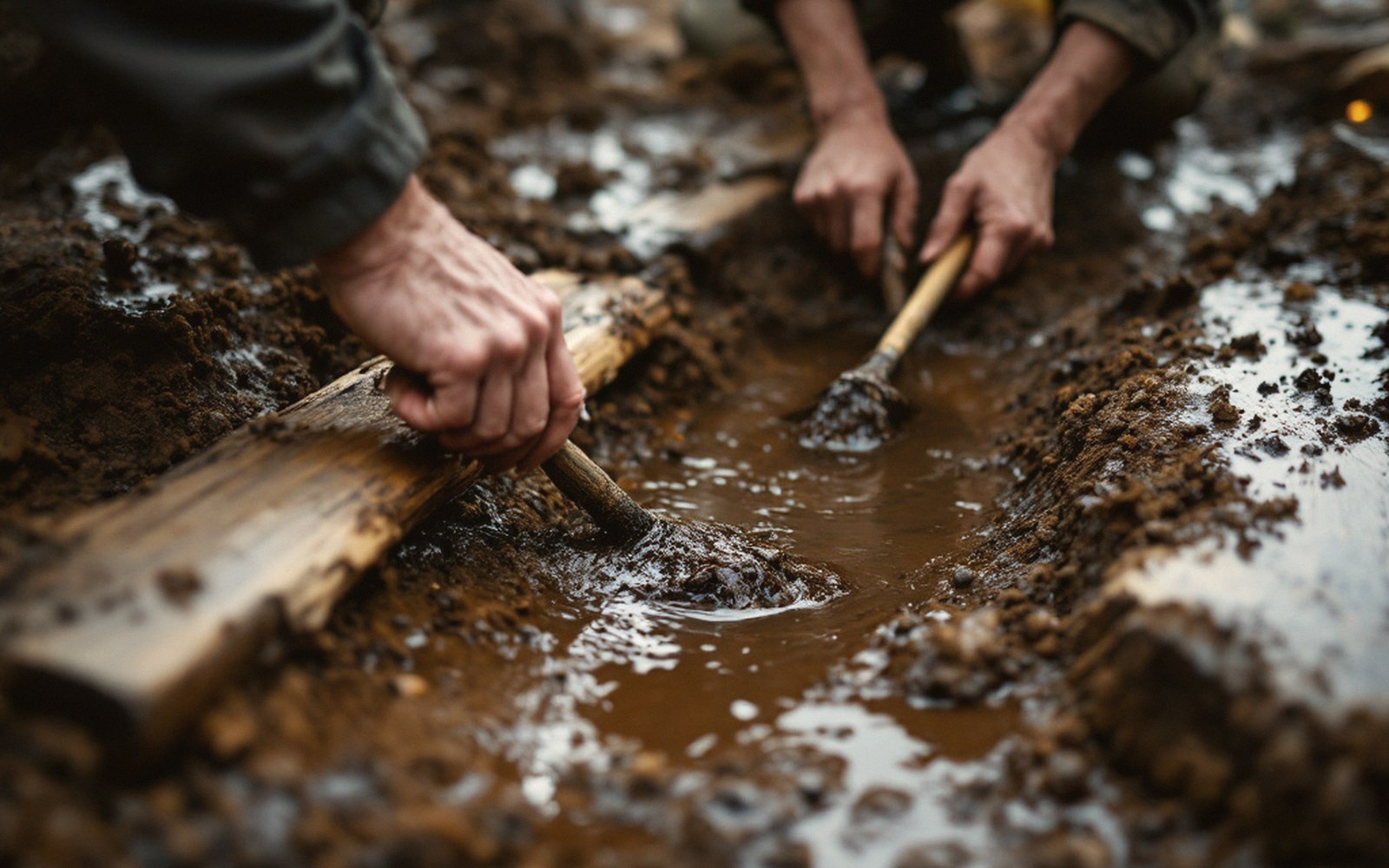 Two people trowelling in a wet trench